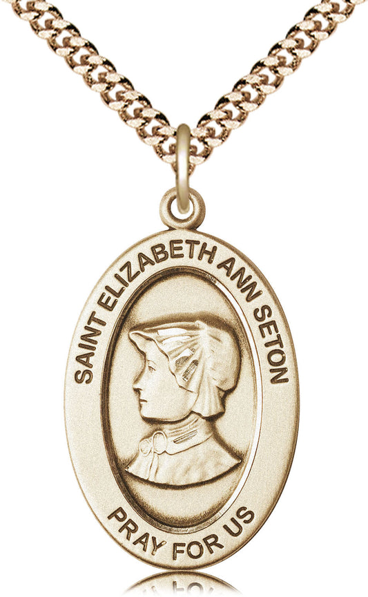 Extel Large Oval 14kt Gold Filled Saint Elizabeth Ann Seton Medal Pendant with 24" Chain, Made in USA, Custom Personalized Engraveable Catholic Confirmation, First Communion, RCIA Gift
