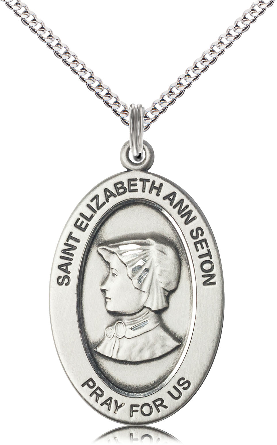 Extel Large Oval Pewter Saint Elizabeth Ann Seton Medal Pendant with 18" Chain, Made in USA, Custom Personalized Engraveable Catholic Confirmation, First Communion, RCIA Gift