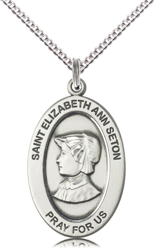 Extel Large Oval Pewter Saint Elizabeth Ann Seton Medal Pendant with 18" Chain, Made in USA, Custom Personalized Engraveable Catholic Confirmation, First Communion, RCIA Gift