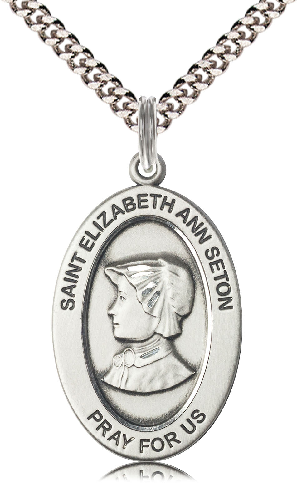 Extel Large Oval Pewter Saint Elizabeth Ann Seton Medal Pendant with 24" Chain, Made in USA, Custom Personalized Engraveable Catholic Confirmation, First Communion, RCIA Gift