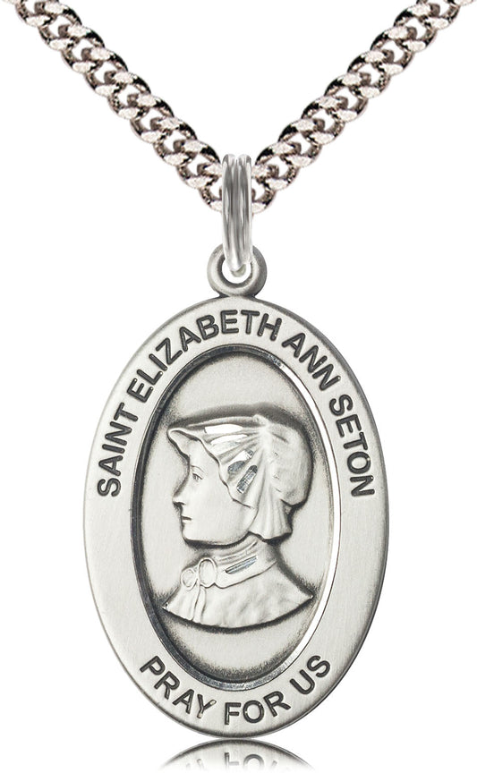 Extel Large Oval Pewter Saint Elizabeth Ann Seton Medal Pendant with 24" Chain, Made in USA, Custom Personalized Engraveable Catholic Confirmation, First Communion, RCIA Gift