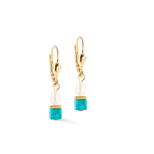 Turquoise Green Freshwater Pearl Pierced Earrings with Stainless Steel and Gold Accents