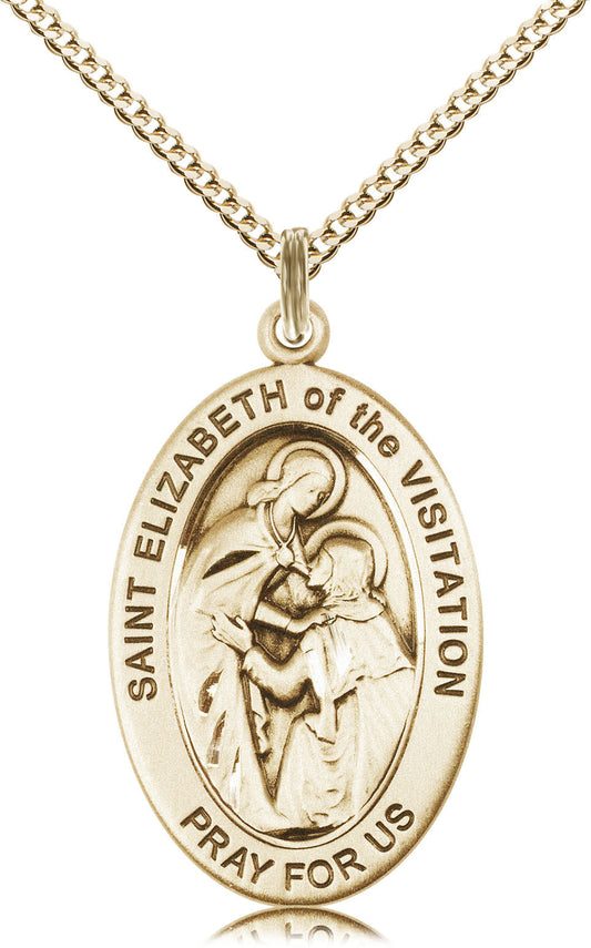 Extel Large Oval 14kt Gold Filled Saint Elizabeth of The Visitatio Medal Pendant with 18" Chain, Made in USA, Custom Personalized Engraveable Catholic Confirmation, First Communion, RCIA Gift