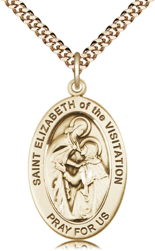 Extel Large Oval 14kt Gold Filled Saint Elizabeth of The Visitatio Medal Pendant with 24" Chain, Made in USA, Custom Personalized Engraveable Catholic Confirmation, First Communion, RCIA Gift