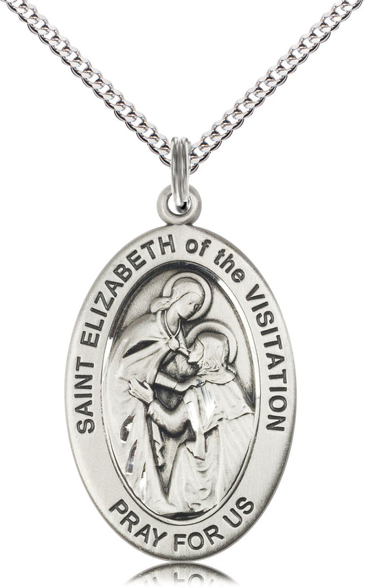 Extel Large Oval Pewter Saint Elizabeth of The Visitatio Medal Pendant with 18" Chain, Made in USA, Custom Personalized Engraveable Catholic Confirmation, First Communion, RCIA Gift