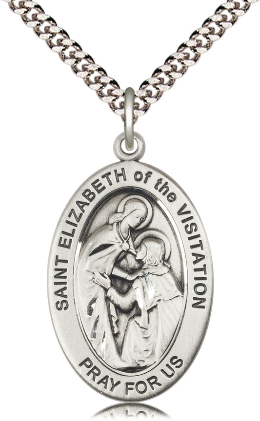 Extel Large Oval Pewter Saint Elizabeth of The Visitatio Medal Pendant with 24" Chain, Made in USA, Custom Personalized Engraveable Catholic Confirmation, First Communion, RCIA Gift