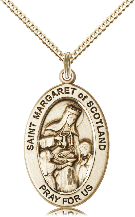 Extel Large Oval 14kt Gold Filled Saint Margaret of Scotland Medal Pendant with 18" Chain, Made in USA, Custom Personalized Engraveable Catholic Confirmation, First Communion, RCIA Gift