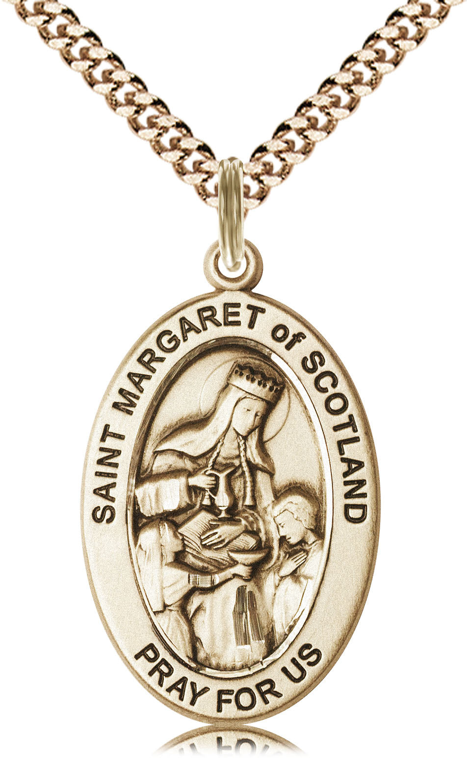 Extel Large Oval 14kt Gold Filled Saint Margaret of Scotland Medal Pendant with 24" Chain, Made in USA, Custom Personalized Engraveable Catholic Confirmation, First Communion, RCIA Gift