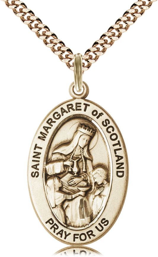 Extel Large Oval 14kt Gold Filled Saint Margaret of Scotland Medal Pendant with 24" Chain, Made in USA, Custom Personalized Engraveable Catholic Confirmation, First Communion, RCIA Gift