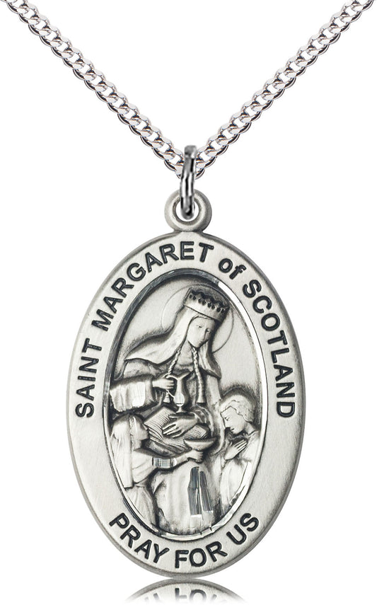 Extel Large Oval Sterling Silver Saint Margaret of Scotland Medal Pendant with 18" Chain, Made in USA, Custom Personalized Engraveable Catholic Confirmation, First Communion, RCIA Gift