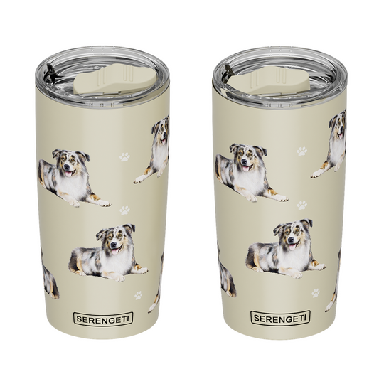 E & S Australian Shepherd 20oz Serengetti Ultimate Tumbler, Double Wall Insulated, Vacuum Sealed, Shatter Resistant Lid, Aussie Dog Gift Mug