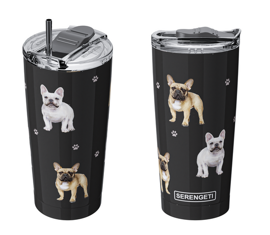 E & S French Bulldog 20oz Serengetti Ultimate Tumbler, Double Wall Insulated, Vacuum Sealed, Shatter Resistant Lid, Frenchie Gift, Coffee Mug