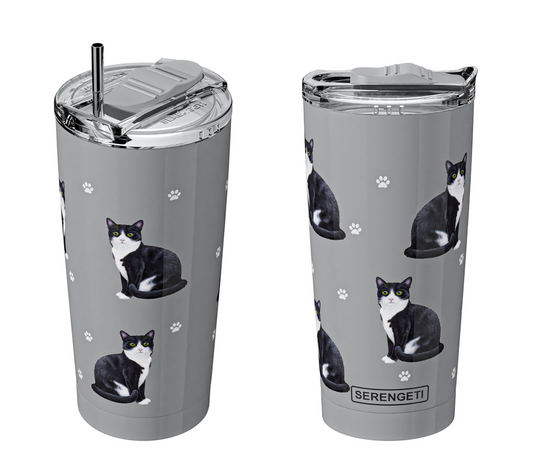 E & S Black & White Cat 20oz Serengetti Ultimate Tumbler, Double Wall Insulated, Vacuum Sealed, Shatter Resistant Lid, Cat Lover Gift, Insulated Coffee Mug