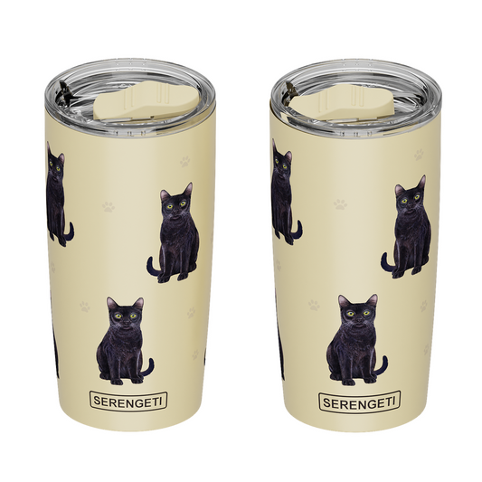 E & S Black Cat 20oz Serengetti Ultimate Tumbler, Double Wall Insulated, Vacuum Sealed, Shatter Resistant Lid, Cat Lover Gift, Stainless Steel Travel Mug