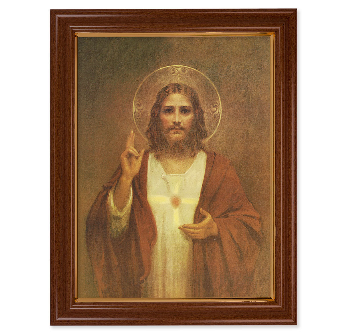 Sacred Heart of Jesus Picture Framed Wall Art Decor, Large, Traditional Dark Walnut Finished Frame with Thin Gold Lip, Print by Chambers