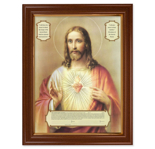 Sacred Heart of Jesus - Enthronement Picture Framed Wall Art Decor Extra Large, Traditional Dark Walnut Finished Frame with Thin Gold Lip