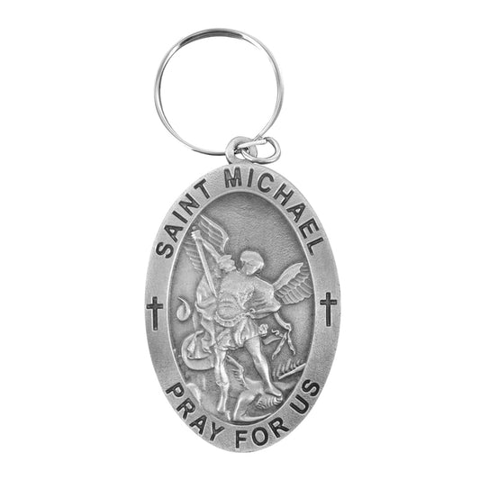 Key Chain- 2-1/4 Inch Fine Pewter Oval St. Michael