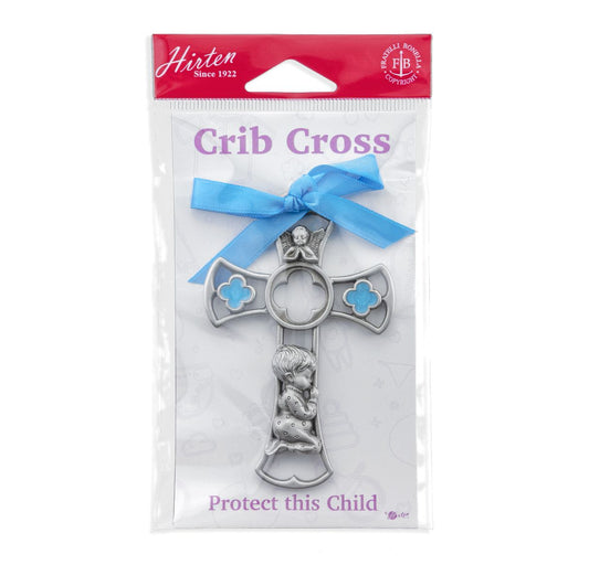 Genuine Pewter Baby Boy Cross with Blue Epoxy Ribbon