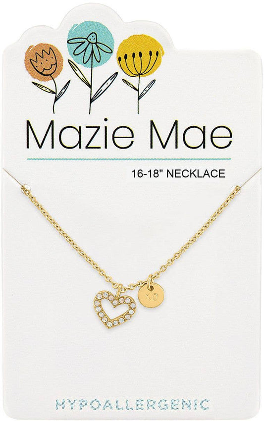 Mazie Mae Necklace: Gold Open White Opal Heart & XO Dangle