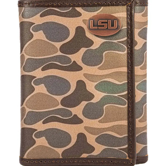 LSU Tigers Men's Trifold Old School Camo Leather Wallet-Brown