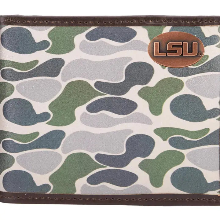 LSU Tigers Men's Bifold Old School Camo Leather Wallet-Green