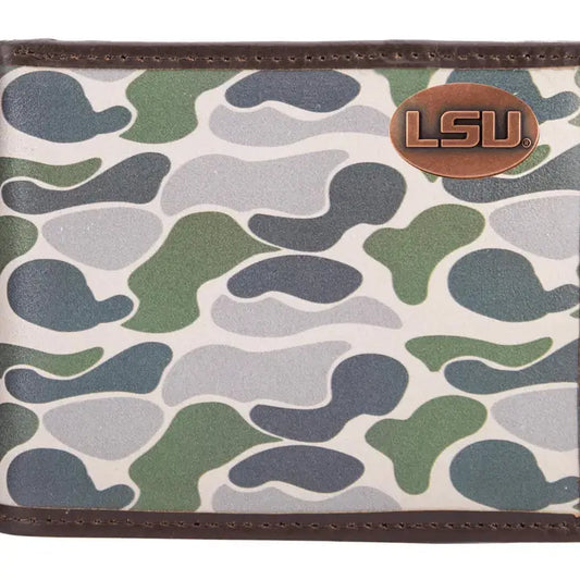 LSU Tigers Men's Bifold Old School Camo Leather Wallet-Green