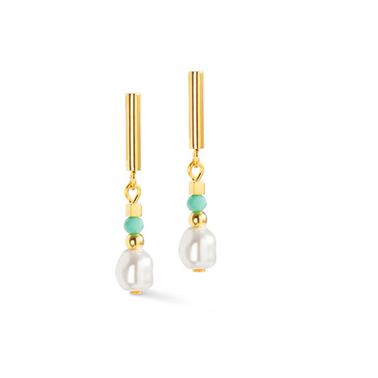 Mint Green Crystal Pearl Cut Glass Pierced Earrings in Stainless Steel Gold