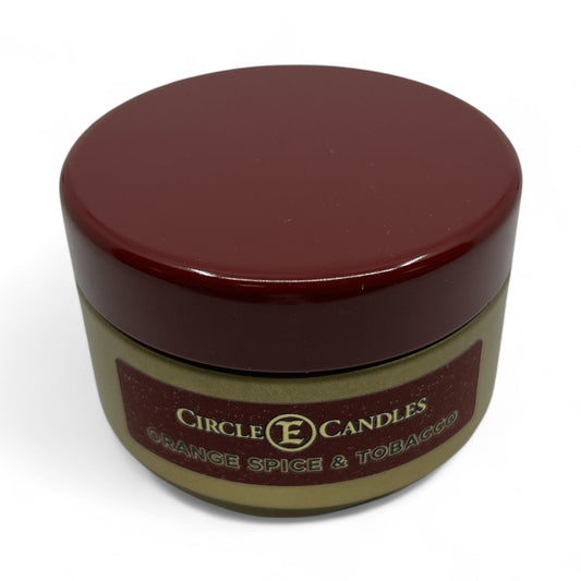 Circle E Candles, Orange Spice and Tobacco Scent, Extra Small Size Travel Tin Candle, 4oz, 1 Wick