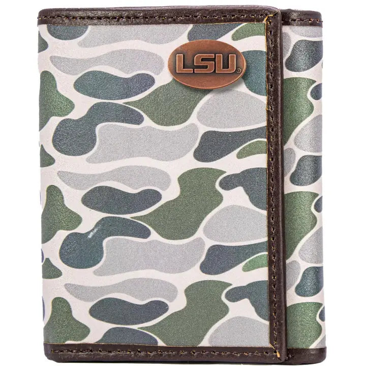 LSU Tigers Men's Trifold Old School Camo Leather Wallet-Green