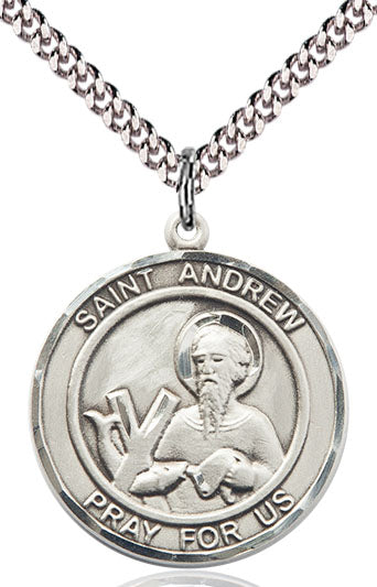 Extel Large Round Pewter St. Andrew the Apostle Medal Pendant Necklace with 24" Chain, Made in USA