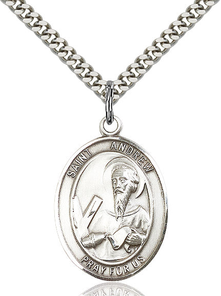 Extel Large Oval Sterling Silver St. Andrew the Apostle Pendant with 24" chain, Made in USA