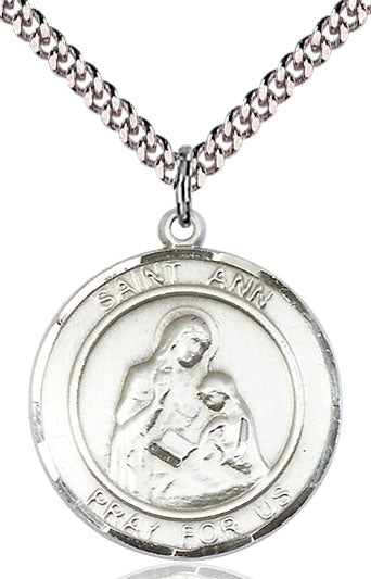 Extel Large Round Pewter St. Ann Medal Pendant Necklace with 24" Chain, Made in USA