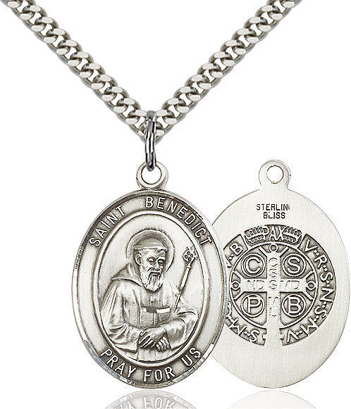 Extel Large Oval Sterling Silver St. Benedict Pendant with 24" chain, Made in USA
