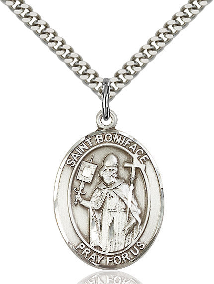 Extel Large Oval Sterling Silver St. Boniface Pendant with 24" chain, Made in USA