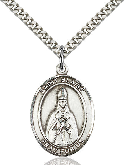 Extel Large Oval Sterling Silver St. Blaise Pendant with 24" chain, Made in USA