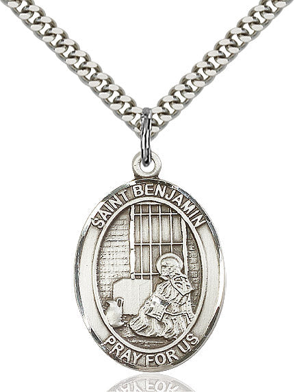 Extel Large Oval Sterling Silver St. Benjamin Pendant with 24" chain, Made in USA