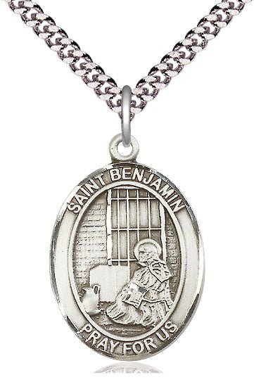 Extel Large Oval  Pewter St. Benjamin Pendant with 24" chain, Made in USA