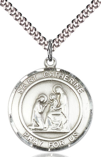 Extel Large Round Pewter St. Catherine of Siena Medal Pendant Necklace with 24" Chain, Made in USA