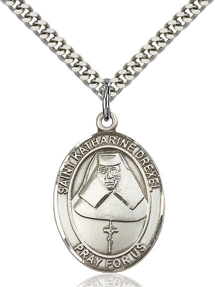 Extel Large Oval Sterling Silver St. Katharine Drexel Pendant with 24" chain, Made in USA