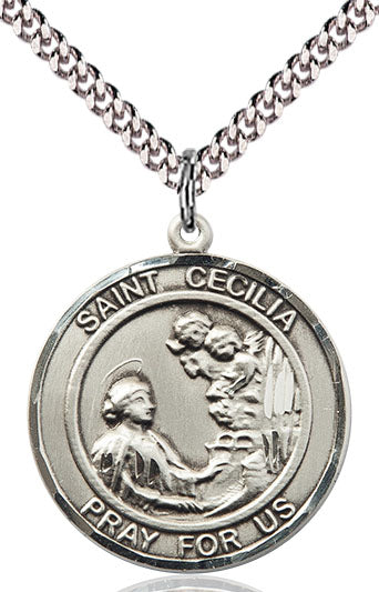 Extel Large Round Pewter St. Cecilia Medal Pendant Necklace with 24" Chain, Made in USA