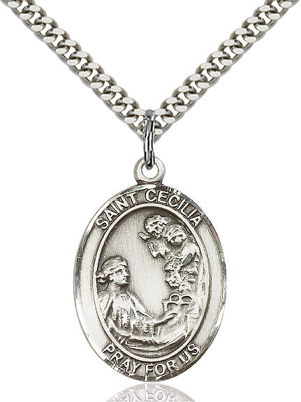 Extel Large Oval Sterling Silver St. Cecilia Pendant with 24" chain, Made in USA