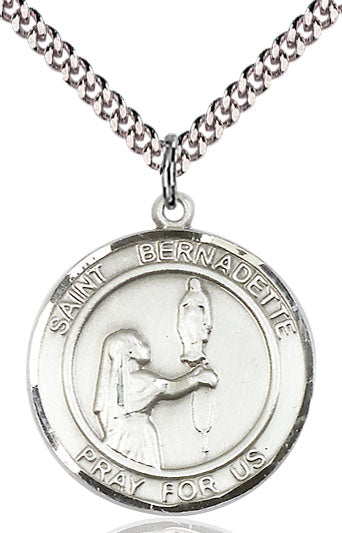 Extel Large Round Pewter St. Bernadette Medal Pendant Necklace with 24" Chain, Made in USA