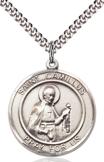 Extel Large Round Pewter St. Camillus of Lellis Medal Pendant Necklace with 24" Chain, Made in USA