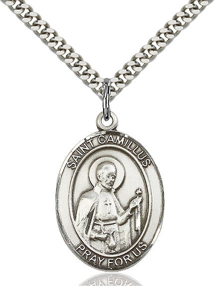 Extel Large Oval Sterling Silver St. Camillus of Lellis Pendant with 24" chain, Made in USA