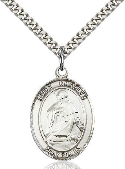 Extel Large Oval Sterling Silver St. Charles Borromeo Pendant with 24" chain, Made in USA