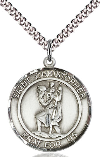 Extel Large Round Pewter St. Christopher Medal Pendant Necklace with 24" Chain, Made in USA