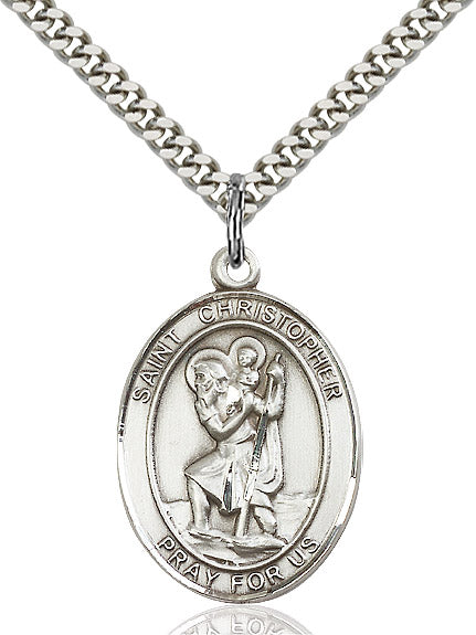 Extel Large Oval Sterling Silver St. Christopher Pendant with 24" chain, Made in USA