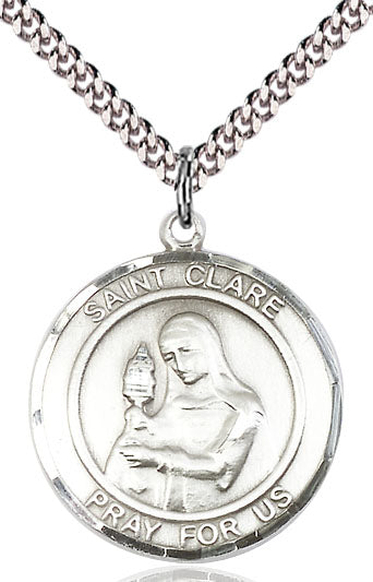 Extel Large Round Pewter St. Clare of Assisi Medal Pendant Necklace with 24" Chain, Made in USA