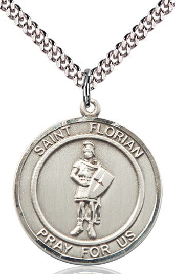 Extel Large Round Pewter St. Florian Medal Pendant Necklace with 24" Chain, Made in USA