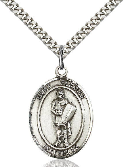 Extel Large Oval Sterling Silver St. Florian Pendant with 24" chain, Made in USA